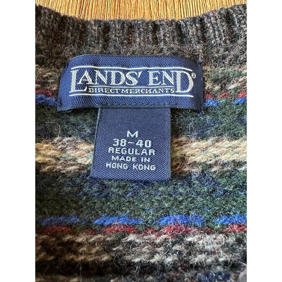 Lands' End Vtg Lambs Wool Green Patterned Sweater Size Medium - Picture 2 of 6